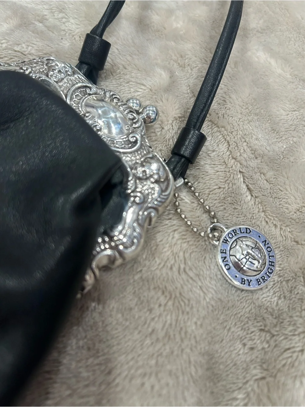 Brighton Black Leather Crossbody with Ornate Silver Frame and Charm